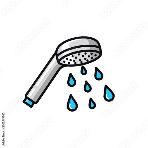 Vector illustration of a hand held shower head spraying water droplets.