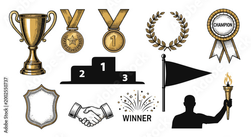 adobe Championship victory symbols collection with trophy medals winner badge and flag icon flash