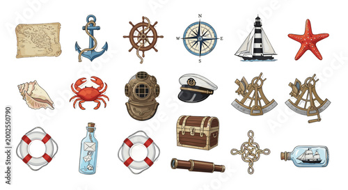 adobe Nautical and marine themed icons collection featuring anchors ships compasses starfish and treasure chests for maritime adventures flash