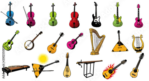 adobe Colorful musical instruments collection guitar violin drums harp flash