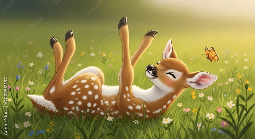 Naklejka premium Cute Fawn Laying in Meadow with Copy Space, Playful Nature Background
