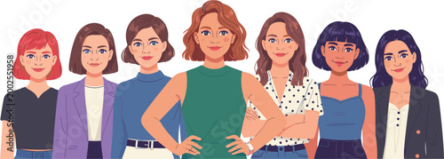 Confident women portraits set, diverse female characters illustration, modern girls standing together with different styles and personalities