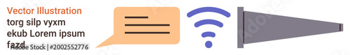Communication, wireless connectivity, digital media, broadcasting, technology, messaging. Orange speech bubble, purple wireless signal megaphone. Communication and wireless connectivity concept