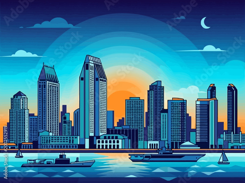 Εκτύπωση καμβά Flat Vector Illustration of San Diego City Skyline at Sunset with Waterfront and