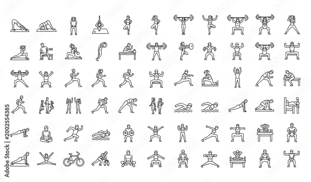 Naklejka premium 95 fitness icons set male female workout exercise line vector collection
