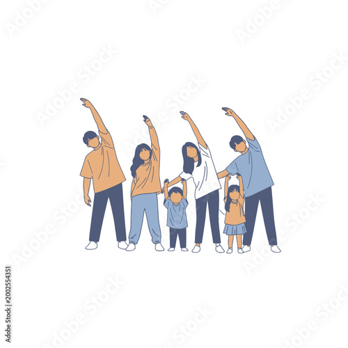 Family exercising together, stretching outdoors, healthy lifestyle
