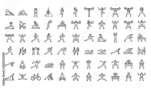 95 fitness icons set male female workout exercise line vector collection