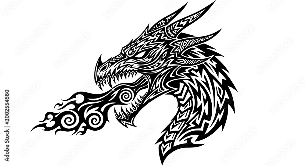 Fototapeta premium Tribal Dragon Head Tattoo Design with Fire Breath