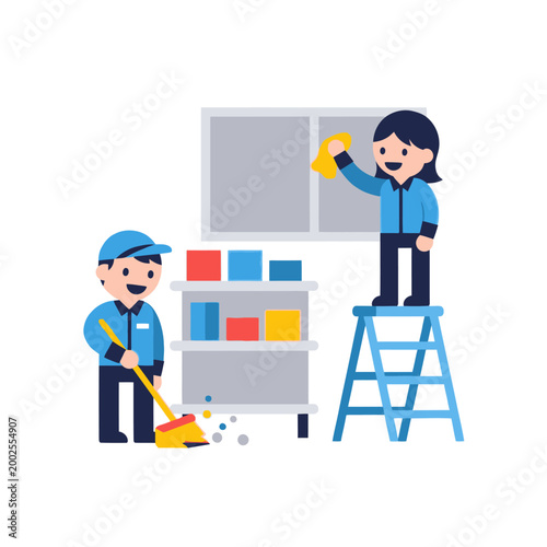 Professional cleaning team cleaning office, sweeping floor, wiping window