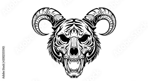 Tribal Tiger Skull with Ram Horns - Black and White Tattoo Design