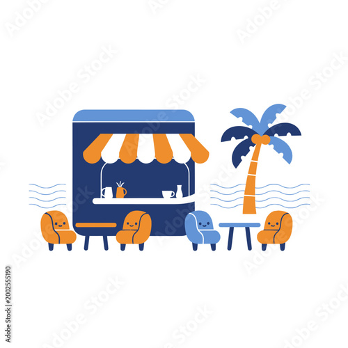 Quadro su tela Cozy Beach Cafe with Palm Tree and Chairs - Vector Illustration