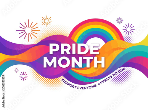Colorful Pride Month Vector Illustration with Rainbow Waves and Inclusive Message Support Everyone Oppress No One