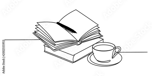 Stack of open and closed books with a cup of coffee and a pen, simple line art