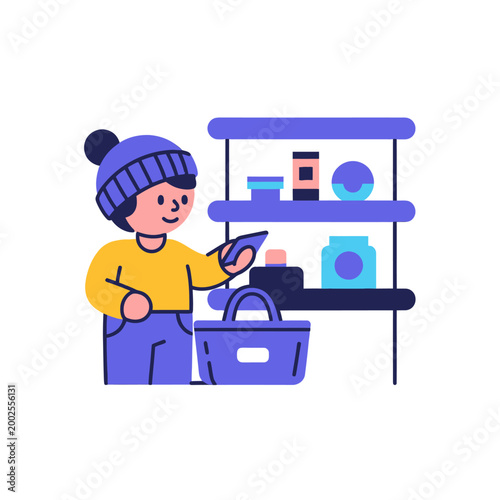 Person choosing items from store shelf with shopping basket, flat illustration
