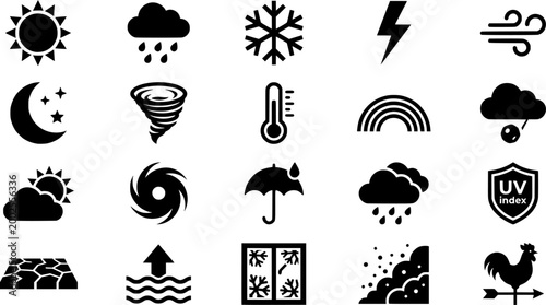 Weather forecast symbols including moon stars clouds rain snowflakes and thermometer for indicating diverse atmospheric conditions and temperature variations useful for digital applications