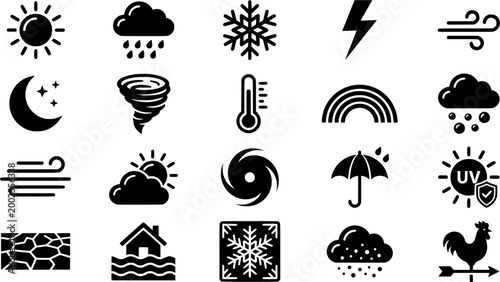 Weather forecast symbols including moon stars clouds rain snowflakes and thermometer for indicating diverse atmospheric conditions and temperature variations useful for digital applications