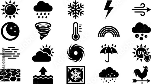 Weather forecast symbols including moon stars clouds rain snowflakes and thermometer for indicating diverse atmospheric conditions and temperature variations useful for digital applications
