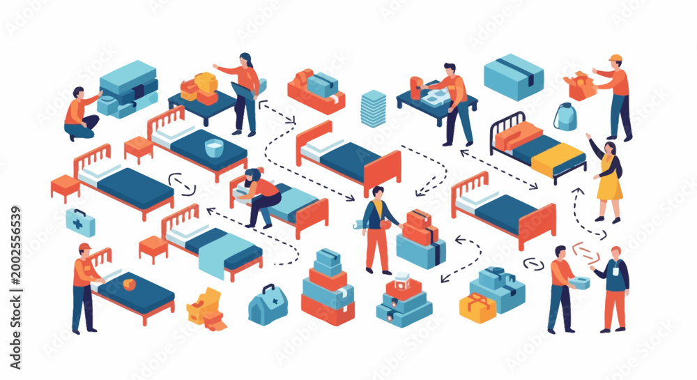 Fototapeta premium Isometric People Arranging Furniture and Boxes for Moving.