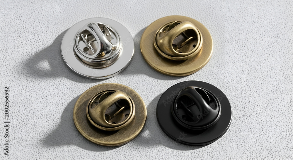 Obraz premium Set of snap fasteners in silver, gold, and black on white background