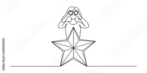 Woman looking through binoculars over a large star, searching for success or future opportunities, simple line art Vector, illustration