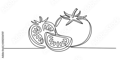 Continuous line drawing of a whole tomato, a halved tomato, and a tomato slice on a simple line background Vector, illustration