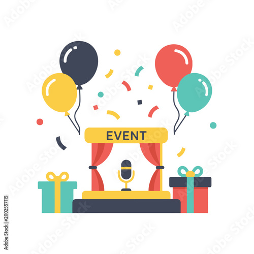 Event Stage with Microphone, Balloons, Confetti and Gifts