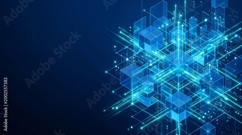 Isometric data technology network 3D vector illustration with digital server platforms and cubes connected. AI blockchain infrastructure concept. Digital Infrastructure Background and Copy Space