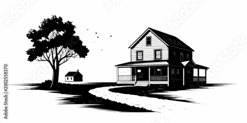 House and tree silhouette illustration high contrast white background