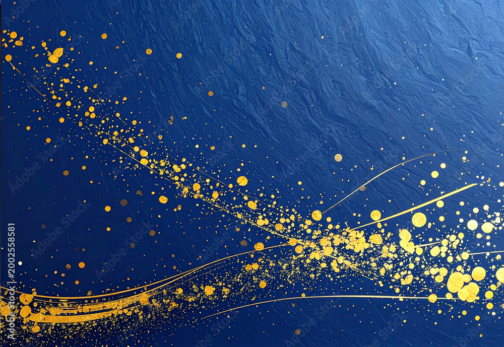 Fototapeta premium 紺色の和紙に金箔を散らした高級感のある背景テクスチャ/Luxury Navy Blue Washi Paper Texture with Gold Leaf Splatter
