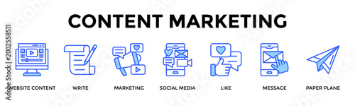 Content Marketing  Banner Web  Icon Set Collection Pack Vector Illustration Concept Containing Website Content, Write, Marketing, Social Media, Like, Message, Paper Plane