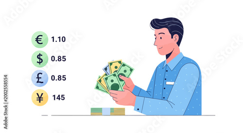 Man holding money with currency exchange rates displayed.