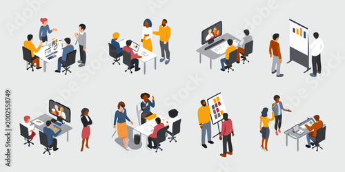 isometric workplace collaboration illustration set with diverse team members