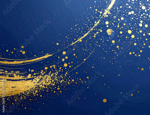 紺色の和紙に金箔を散らした高級感のある背景テクスチャ/Luxury Navy Blue Washi Paper Texture with Gold Leaf Splatter