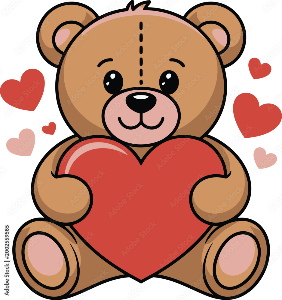 Naklejka premium Cute teddy bear holding a big red heart with pink and red hearts around it in a cartoon style