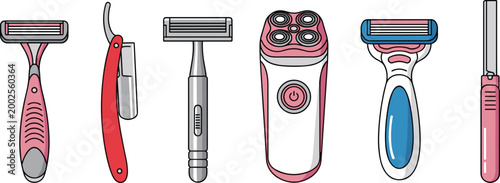 Shaving Tools Icon Set Featuring Razors, Electric Shavers, and Grooming Devices for Personal Care and Hygiene Designs
