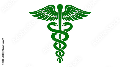 Vibrant green medical symbol featuring a winged staff entwined by two serpents on a clean white background, embodying health, healing, and professional healthcare