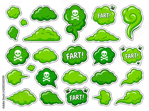 Humorous cartoon collection of smelly green gas clouds with skull and crossbones for comedic effect