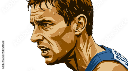 Dynamic illustration capturing the intense focus and determination of a male athlete pushing his limits in a competitive race