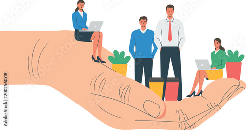 Giant hand protecting small business office people sitting and standing for employee care insurance support and human resources concept