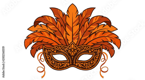 Exquisite Orange Masquerade Mask Adorned with Feathers and Ornate Details