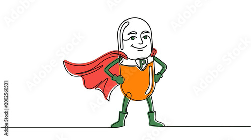 Dynamic single line art depiction of a confident super capsule, promoting health, immunity, and energy