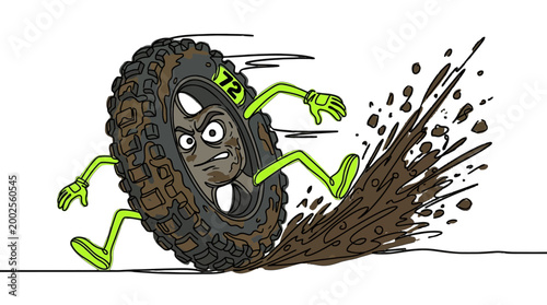 Tableau sur toile Dynamic Cartoon Off-Road Tire Character Energetically Splashing Mud While Runnin