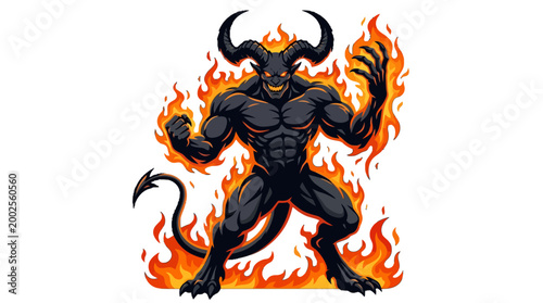 Canvastavla Intense horned demon monster engulfed in a blaze of fire, embodying rage and dar