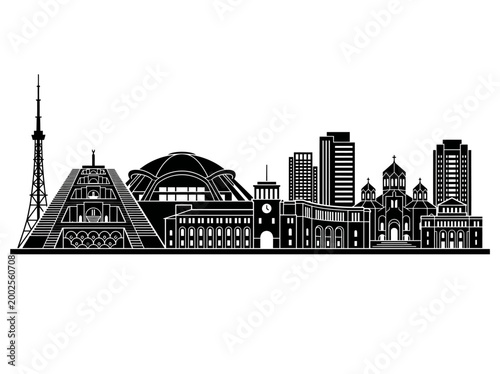 Yerevan Armenia Skyline Silhouette Cityscape Vector Illustration - Black and White Minimalist Landmark Icon Set