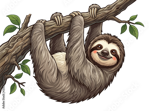Adorable smiling sloth cartoon character peacefully hanging upside down from a sturdy tree branch with green leaves