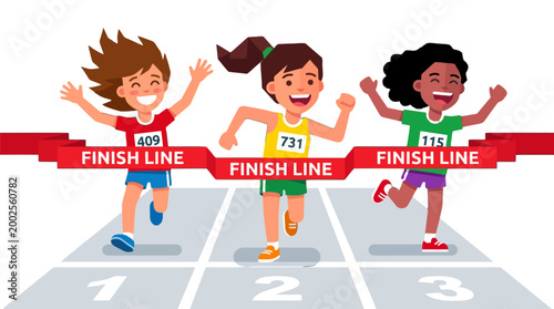Joyful diverse children sprint past the finish line, celebrating victory and achievement in a friendly race