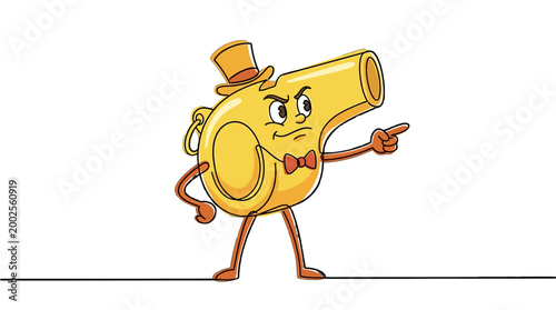 Animated gold whistle character wearing a hat and bow tie, emphatically pointing as a visual warning or declaration of rules