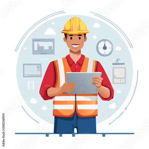 Construction Worker with Tablet and Safety Gear