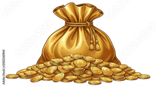 Fotografía A treasure trove of golden coins spilling from a drawstring bag, symbolizing wea