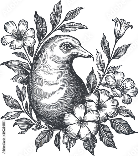 Vintage Bird with Floral Garland Intricate Engraving Style Icon